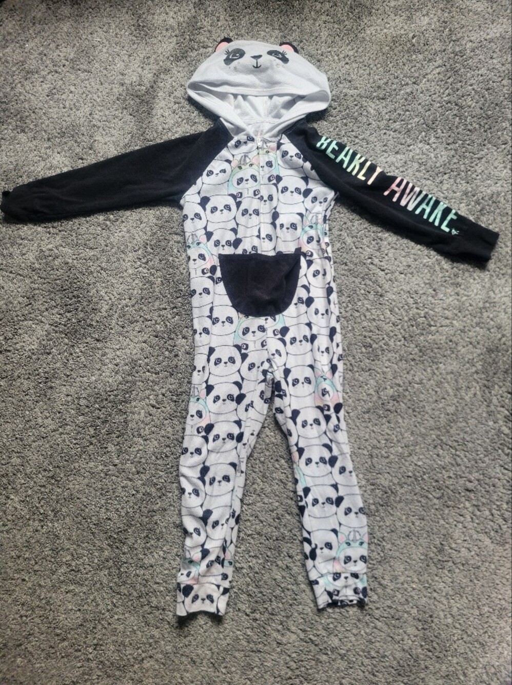 Justice Panda Hooded One-Piece Pajama Black & White Size 6 Kangaroo Pocket Zip